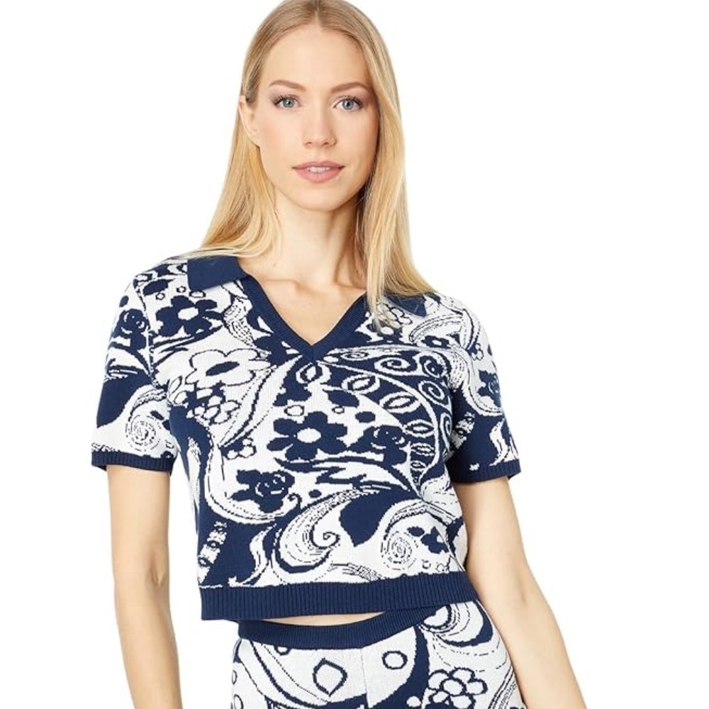 NEW WAYF 98 Navy Swirl Print Cotton Knit Cropped Polo Top Size S